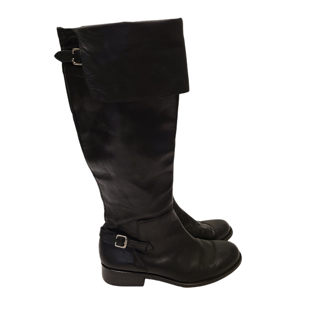 Steve Madden Black Leather Fold Over Buckled Tall Riding Boots